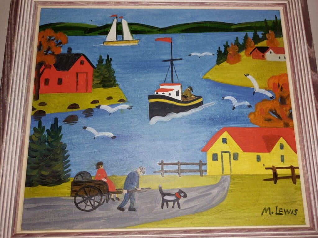 Estimation de la valeur d’une peinture marine colorée de l’artiste Maud Lewis avec des dimensions de 35cm par 29,5cm