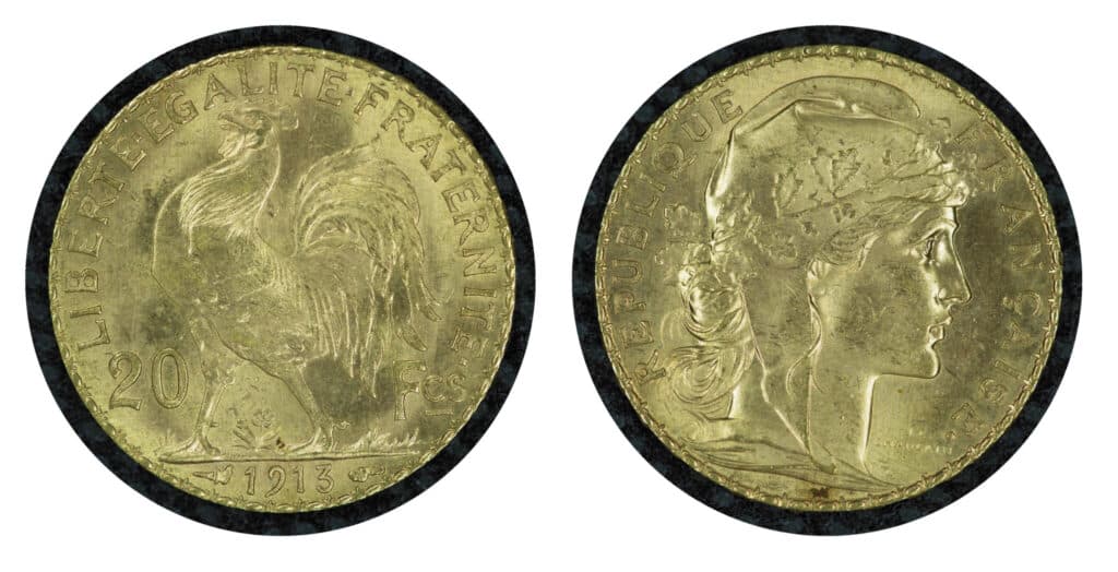 “Estimation de trois pièces d’or françaises datant de 1913, 1914 et 1858 présentant des traces d’usure”