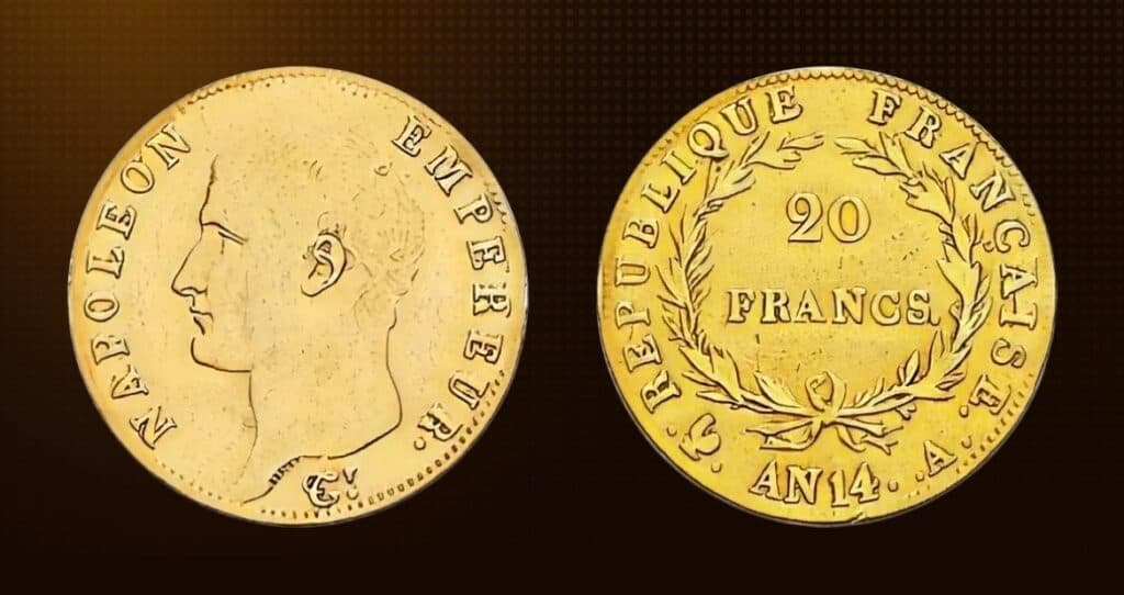 Estimation de quatre pièces historiques françaises de 20 francs dont Napoleon et République Française