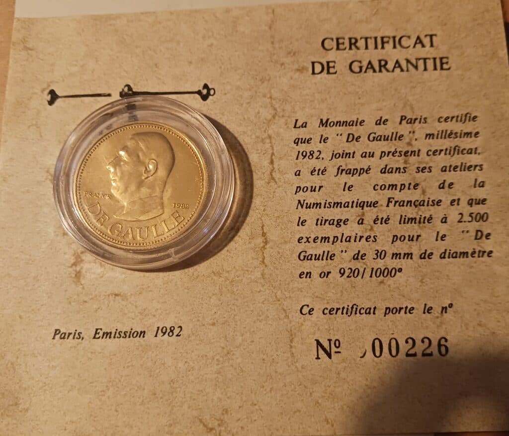 Estimation d’une pièce en or 22 carats de 1982 représentant De Gaulle Estimation d’une pièce en or 22 carats de 1982 représentant De Gaulle