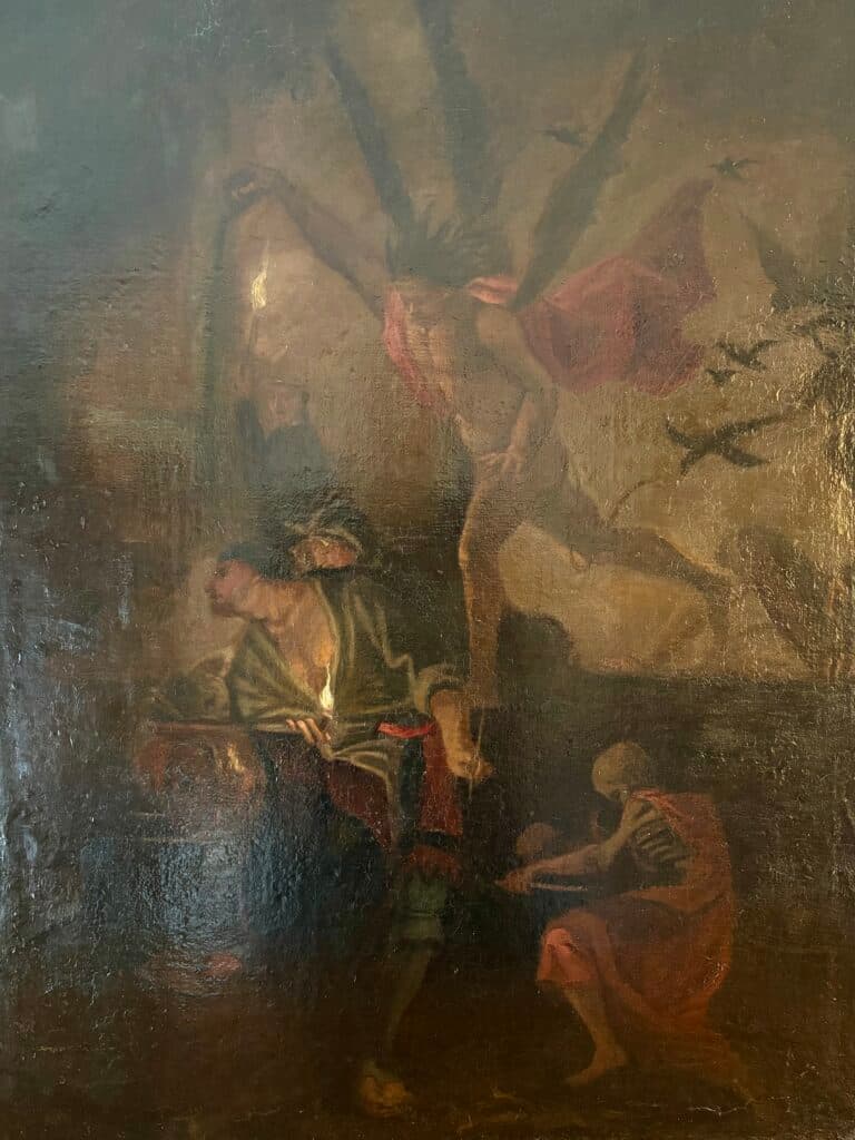 Estimation d’une peinture à l’huile sur toile à scène sombre et figures ailées Estimation d’une peinture à l’huile sur toile à scène sombre et figures ailées